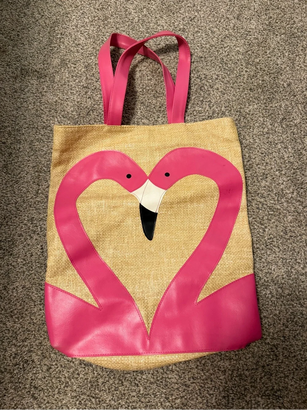 Transversion brand pink flamingo wicker and vinyl tote bag
